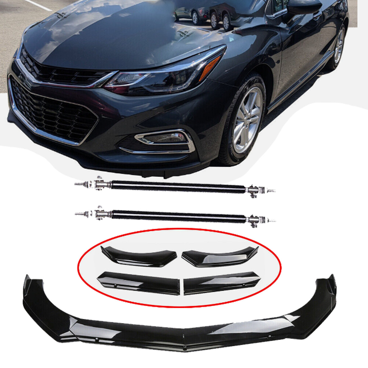 Front Bumper Lip Splitter Spoiler +Strut Rod Body Kit For Chevy Cruze Universal