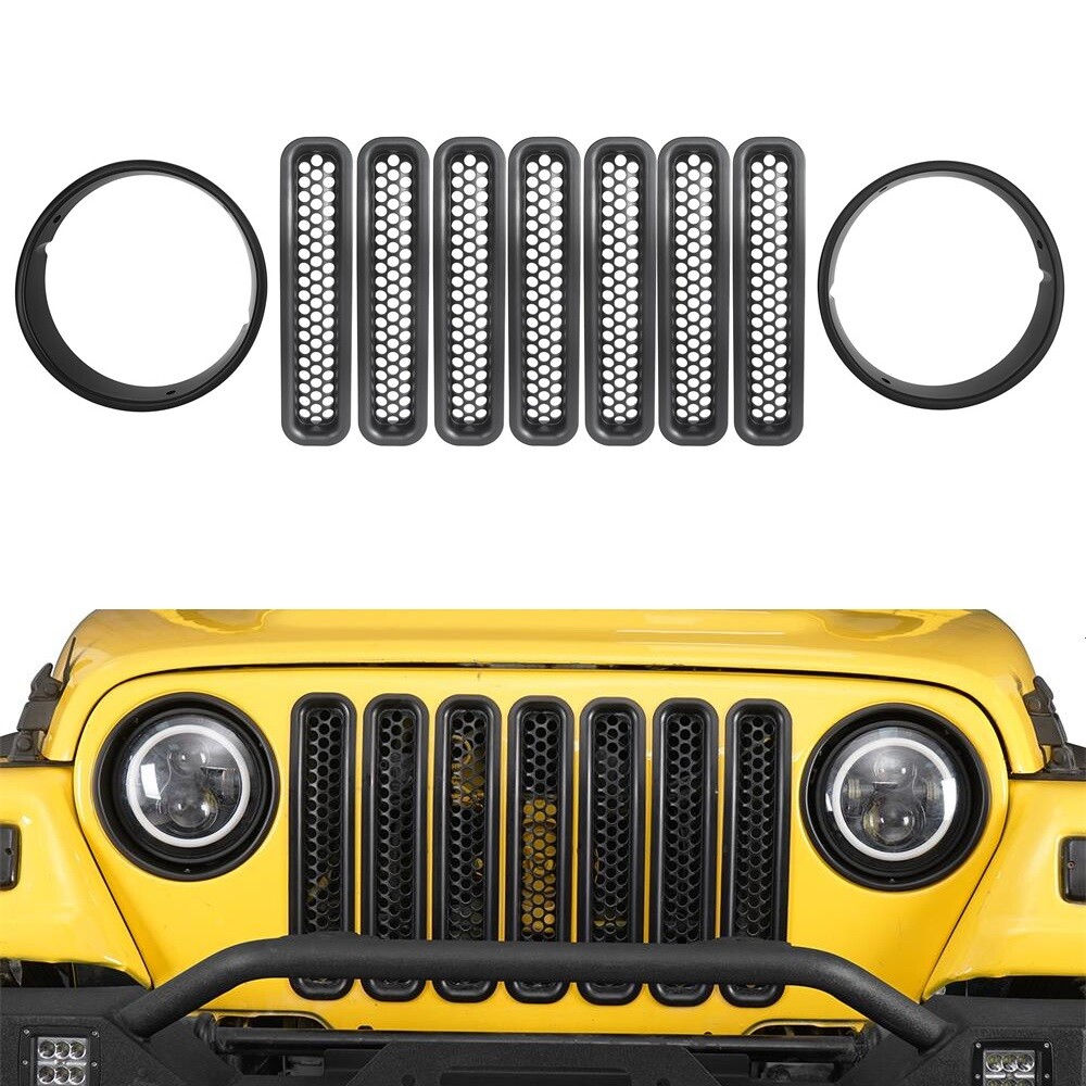 Matte Black Front Grill Mesh Insert + Headlight Cover for 97-06 Jeep Wrangler TJ