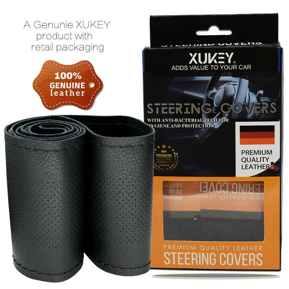 DIY Genuine Leather Car Steering Wheel Cover Needle Thread Anti-slip Black 15″US
