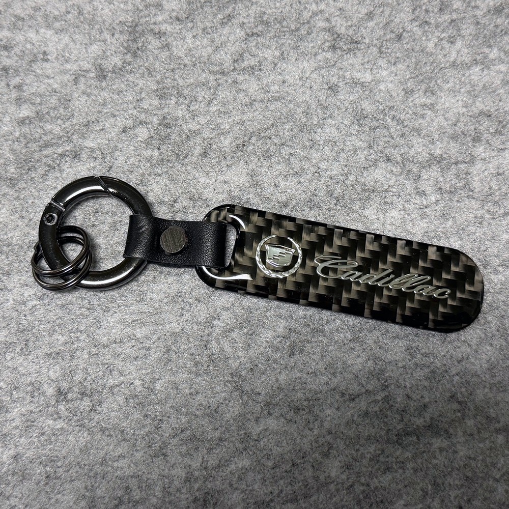 Real Carbon Fiber+ Black Leather Keychain Car Key Fob Key Ring for Cadillac