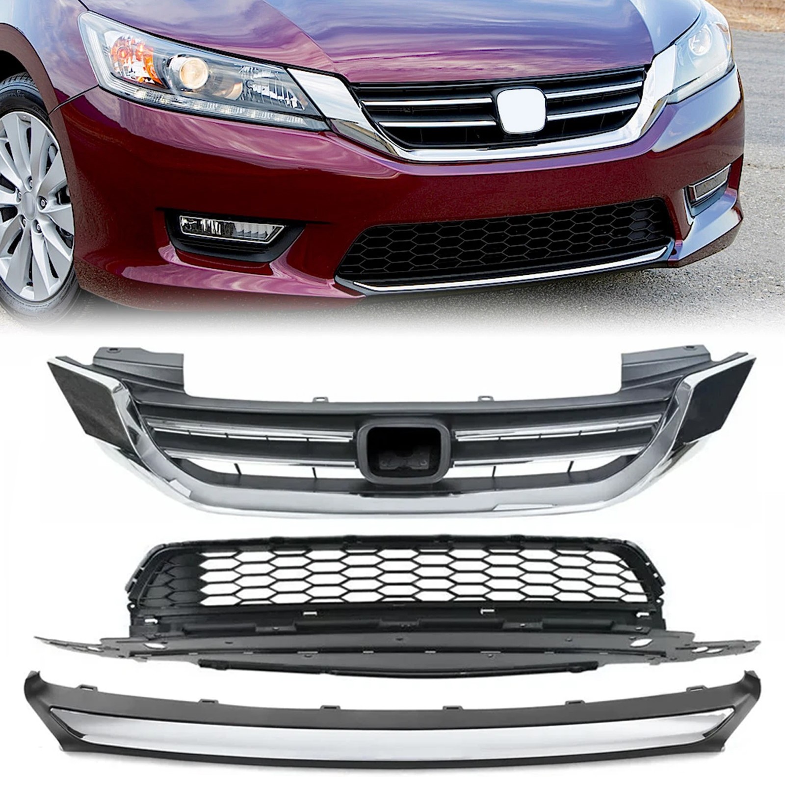 3PCS For 2013-2015 Honda Accord Front Upper & Lower Grille + Chrome Molding Trim