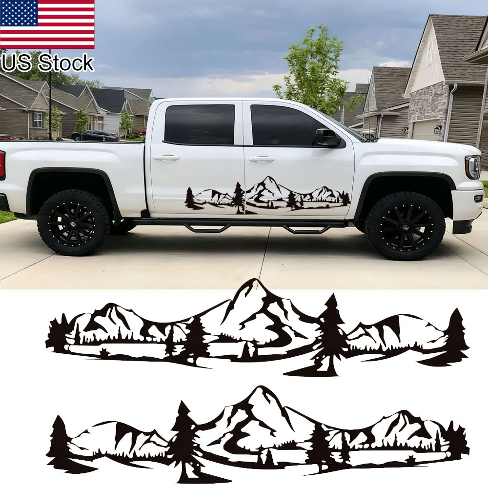2pcs 59” Black Mountain Tree Graphic Side Body Door Sticker For Truck Pickup