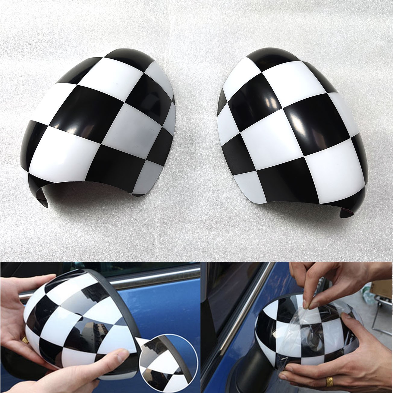 For MINI Cooper R55-R61 Black White Checker Side Mirror Cover Cap Manual Fold