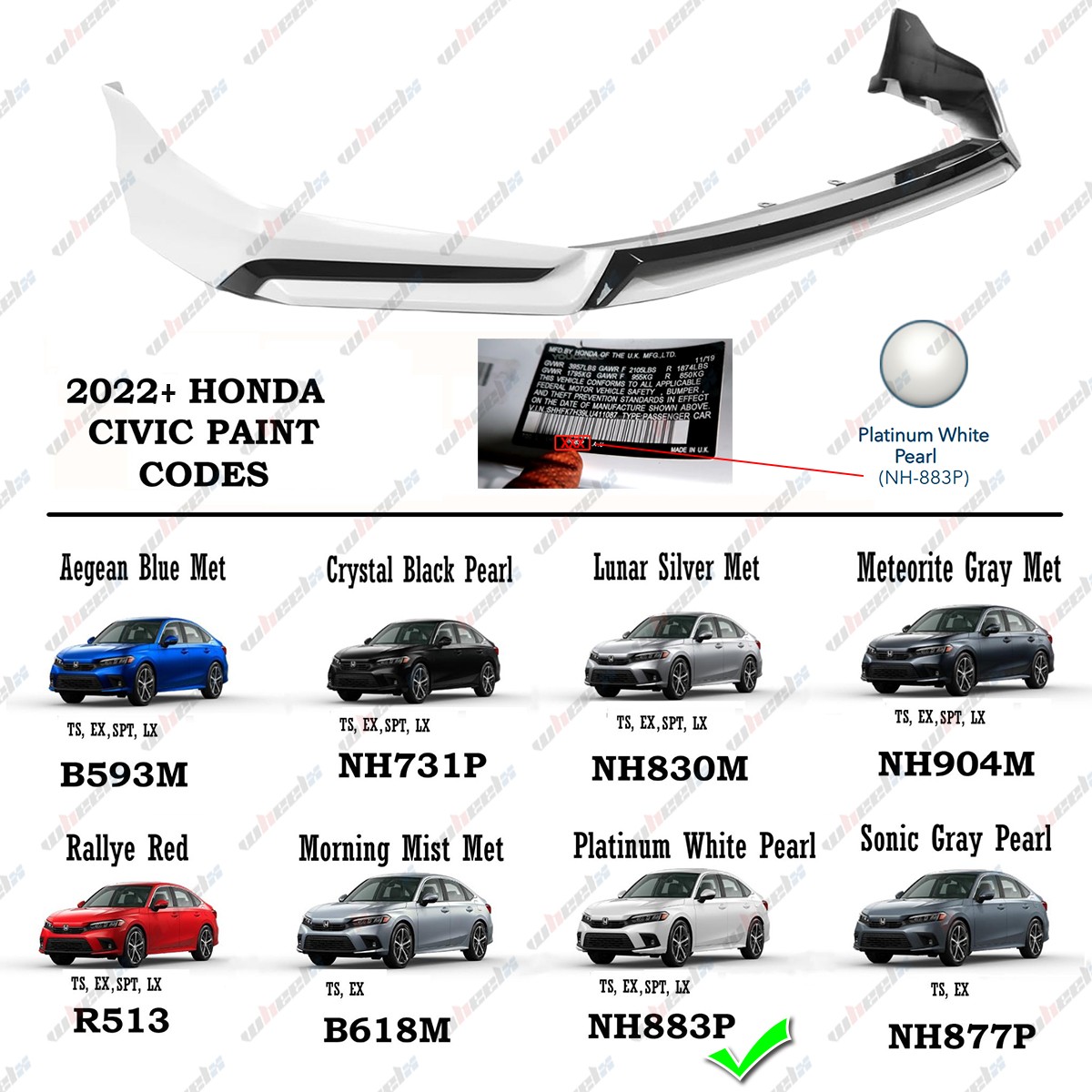 Pearl White Yofer Style V3 Front Bumper & Honeycomb Grille For 22-24 Honda Civic