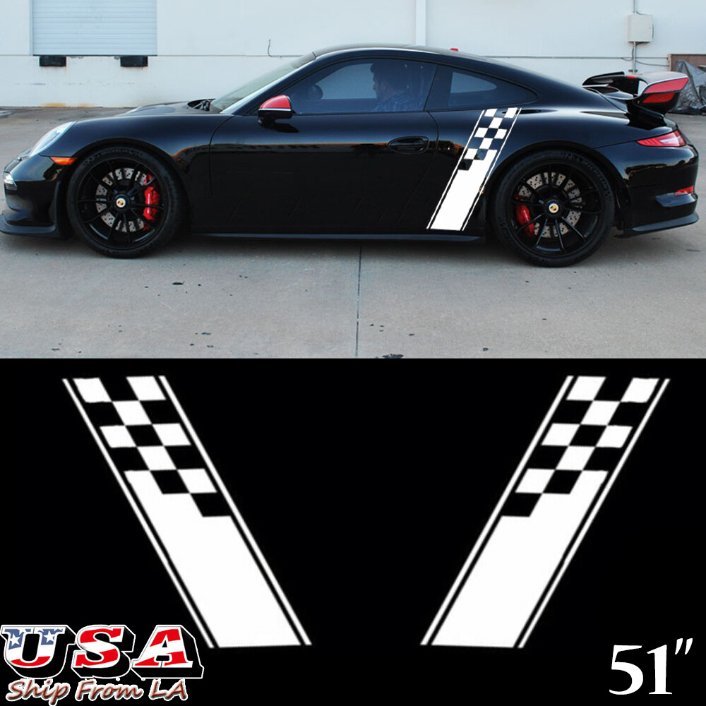 Universal Car Side Fender White Checkered Flag Sport Body Stripe Decal Stickers