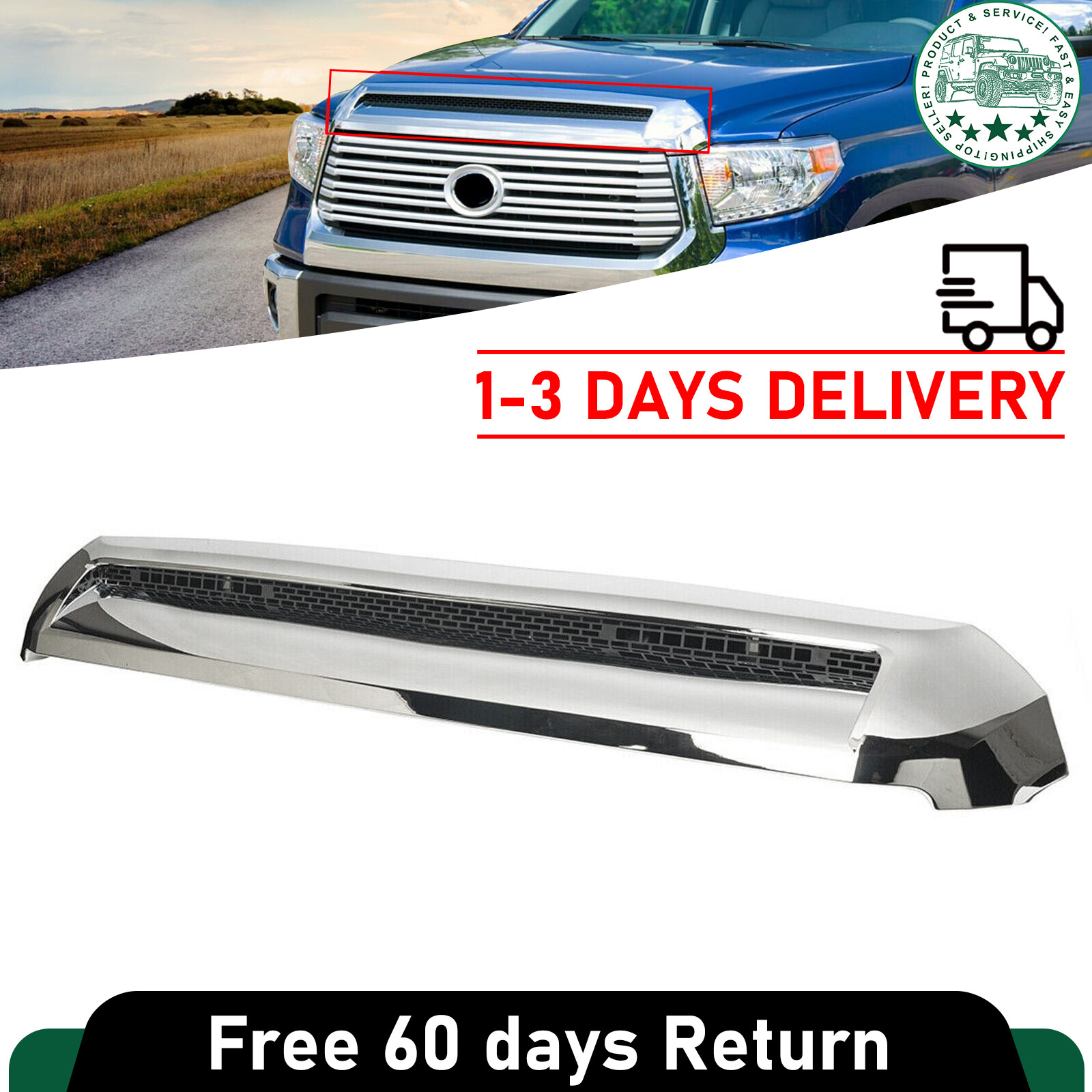 For Toyota Tundra 14-21 Front Molding Upper Grille Hood Bulge Scoop Chrome ABS