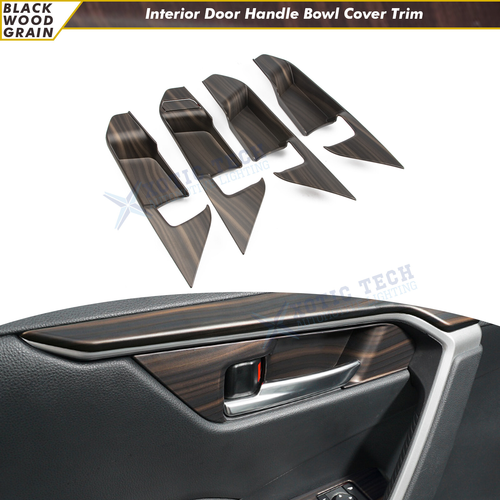 For Toyota RAV4 2019-2024 Interior Door Handle Surrounds Trim Black Wood Style