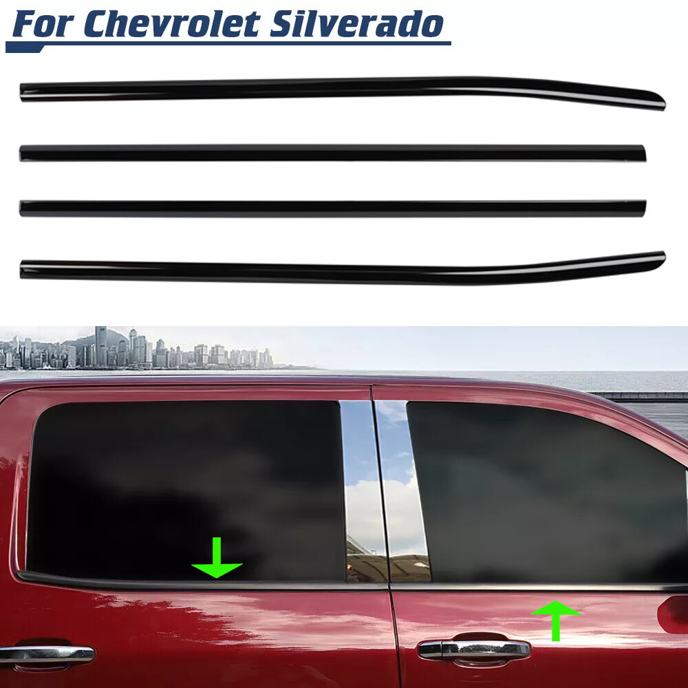 4Pc Chrome /Black Window Bottom Sill Trim For Chevy Silverado GMC Sierra 2014-18