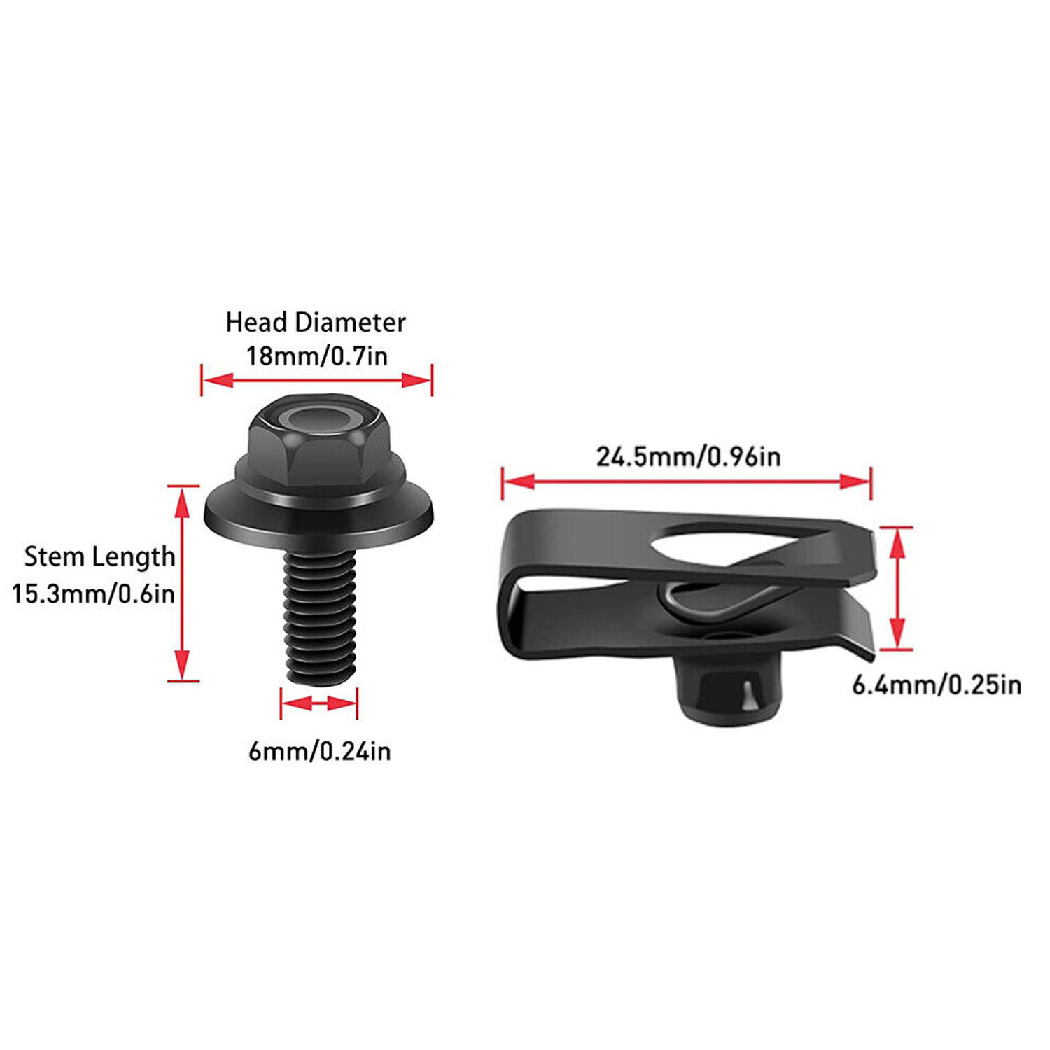 NEW Body Bolts & U-nut Clips- M6-1.0 x 20mm Long- 10mm Hex- 20 pcs 10 ea