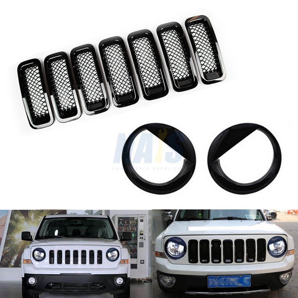 9Pcs Front Grille Mesh insert & Angry Bird Headlight Cover Trim for Jeep Patriot