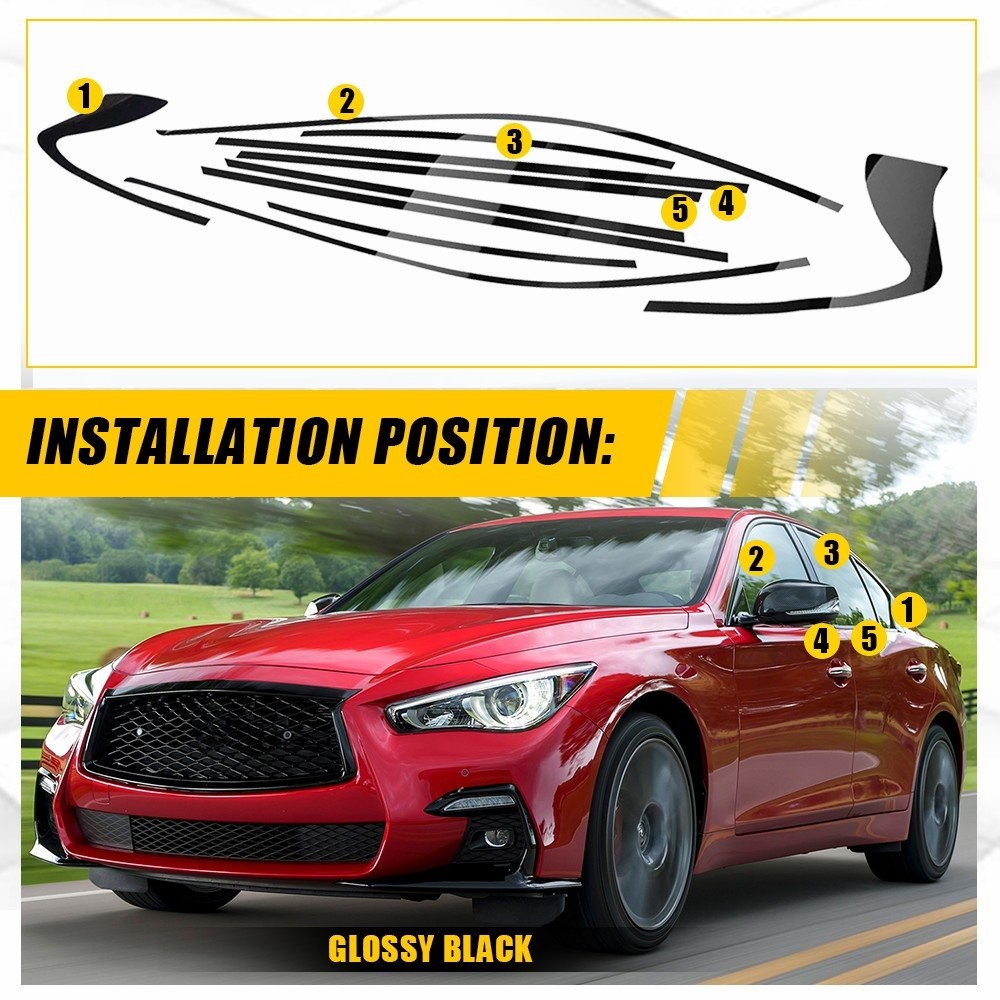 Chrome Delete Blackout Overlay Window Trim for Infiniti Q50 Q50S Sedan 1-10Set
