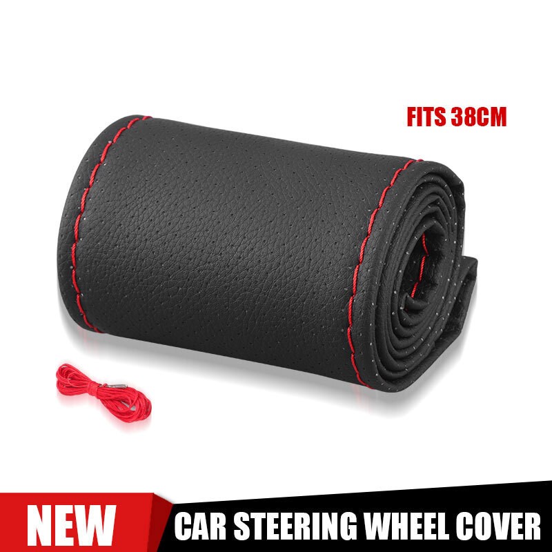 15″/38cm Car Steering Wheel Cover Needle Thread AntiSlip Leather Black