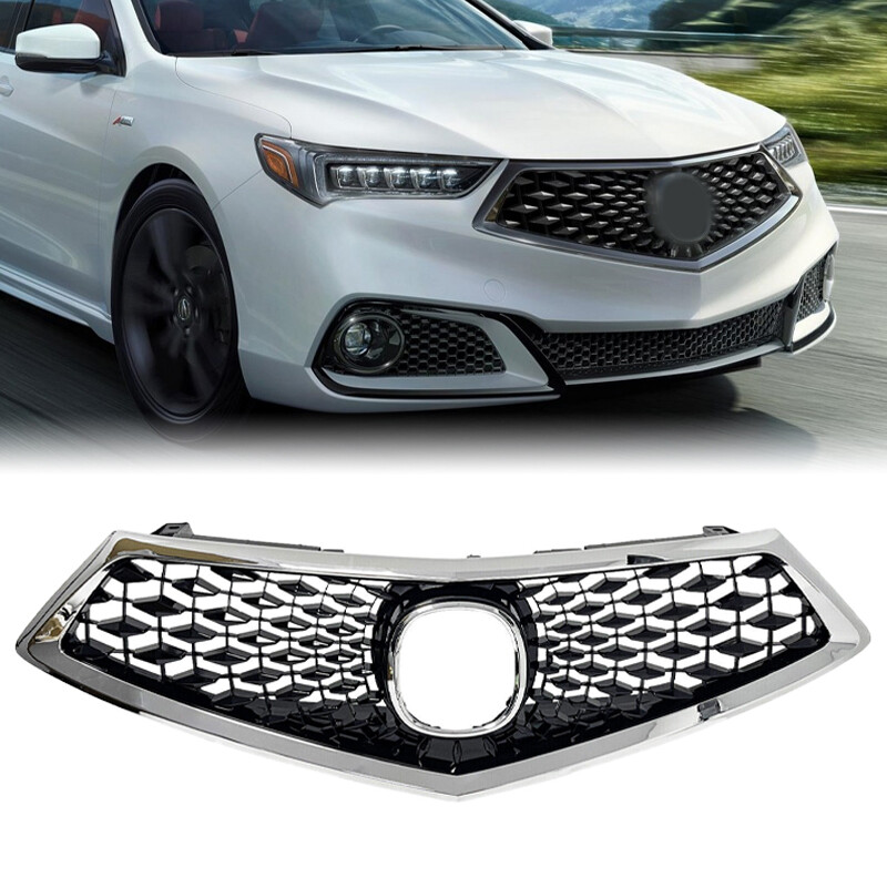 Black Front Bumper Upper Grille Grill W/Chrome Trim Fit 2018 2019 2020 Acura TLX