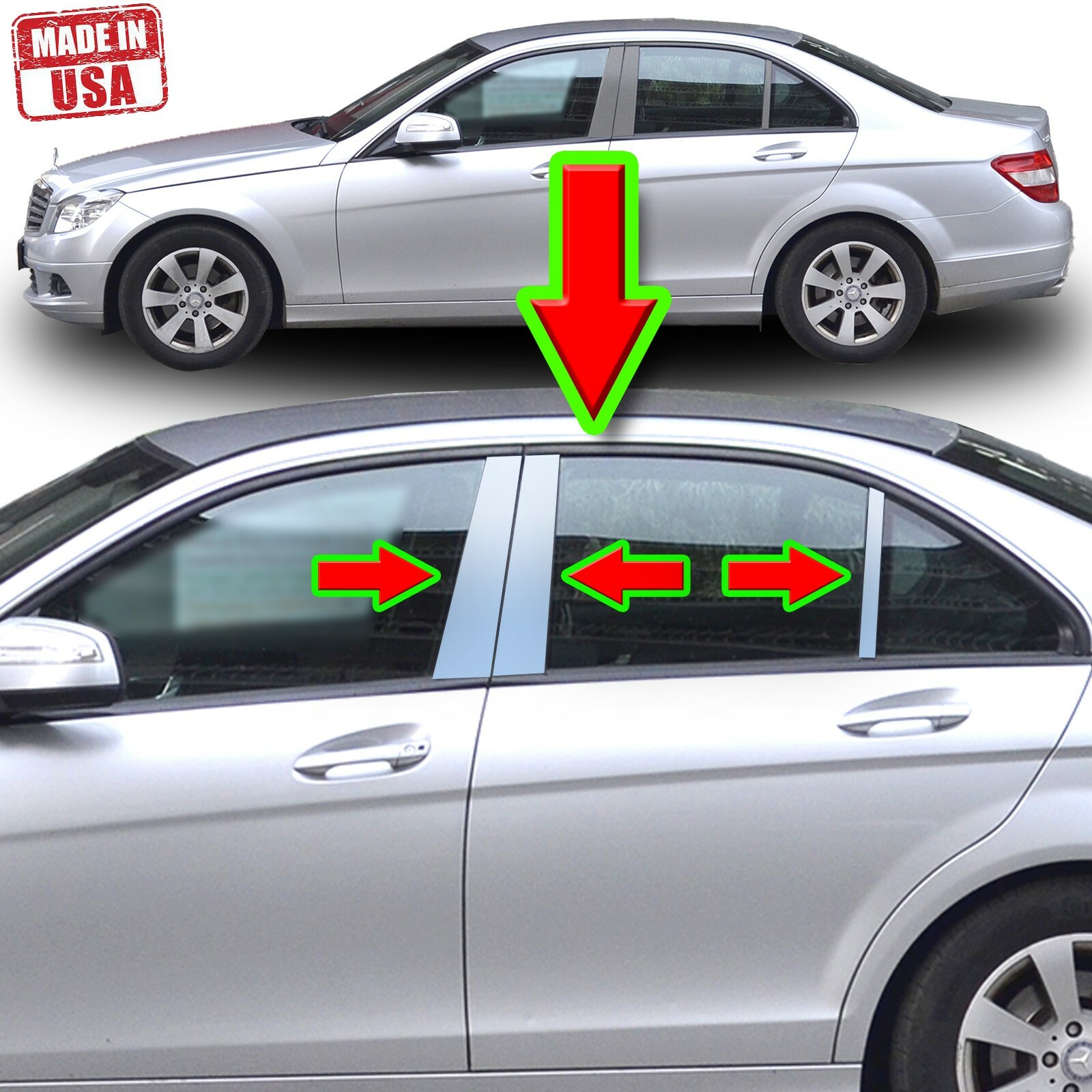 Chrome Pillar Trim for Mercedes C-Class 08-14 (Sedan) W204 6pc Set Door Post