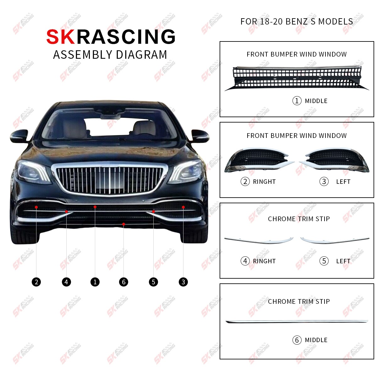 For Mercedes-Benz W222 S450 S560 18-20 ABS Chrome Front Bumper Grille Cover Trim