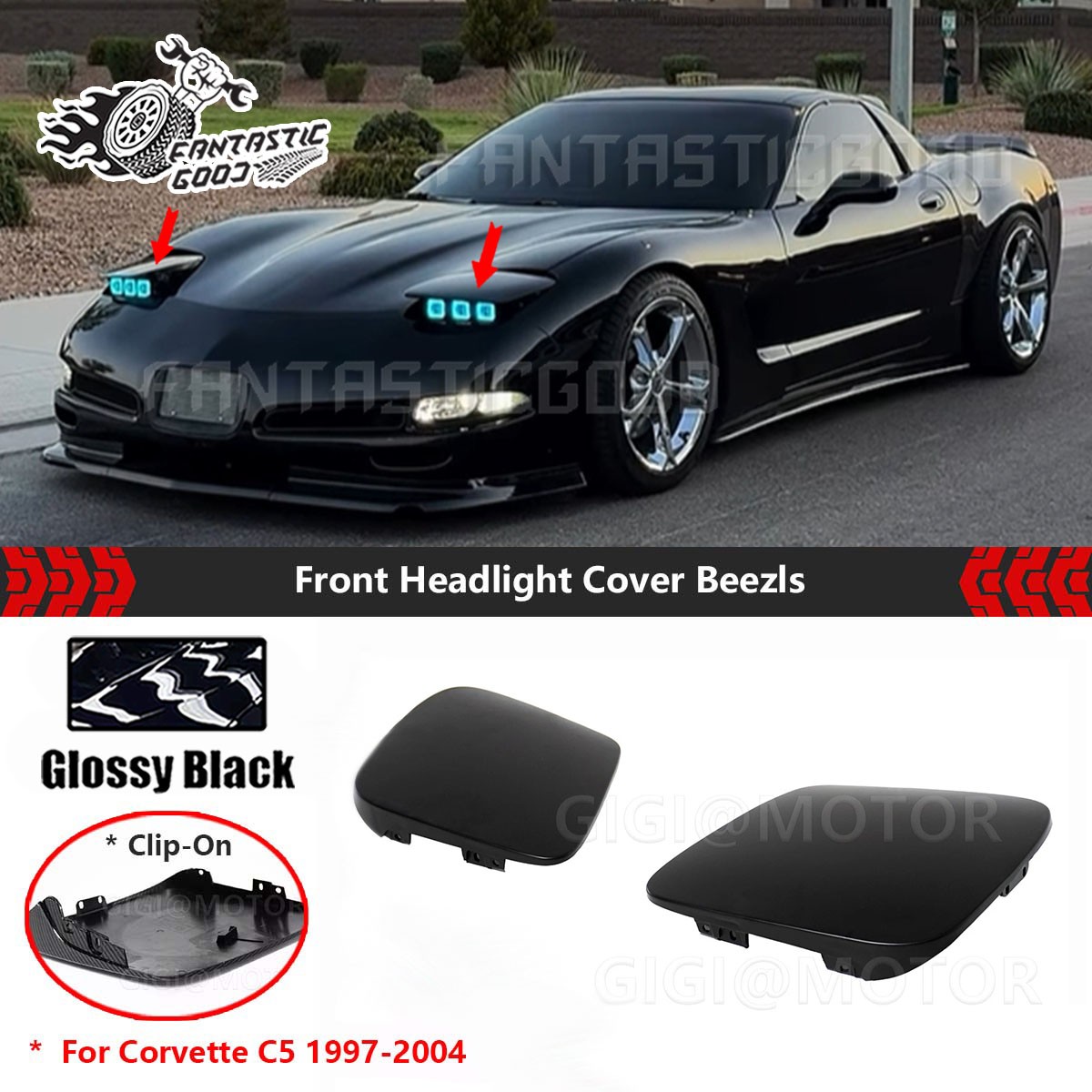 For Corvette C5 1997-2004丨Glossy Black Left + Right Front Headlight Covers Beezl