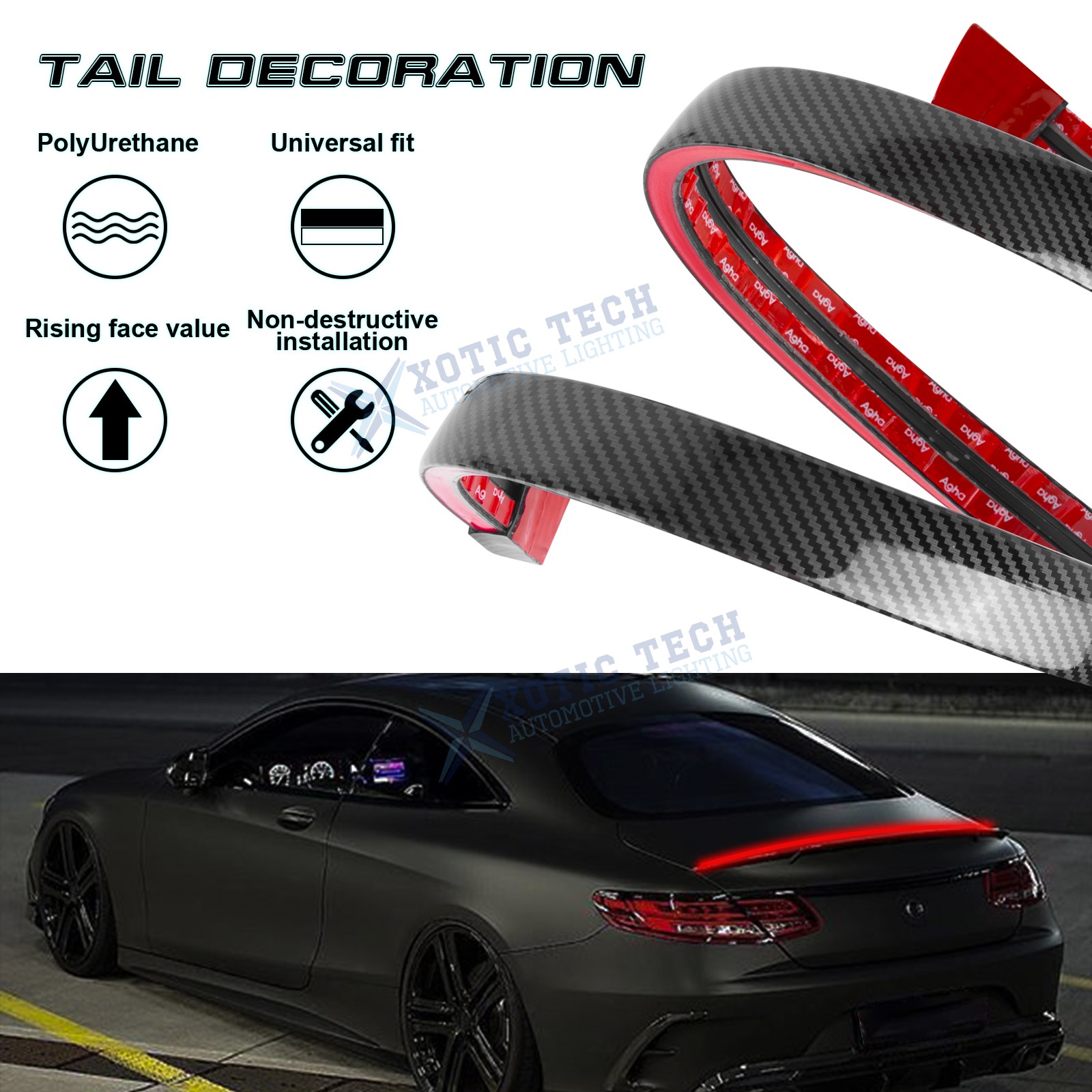 Carbon Fiber PU Rear Roof Trunk Tail Spoiler Wing Lip Tail Signal Brake Light
