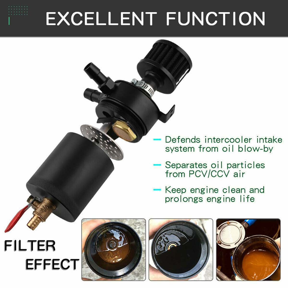Aluminium Alloy Oil Catch Can Reservoir Tank W/ Breather Filter Baffled Black