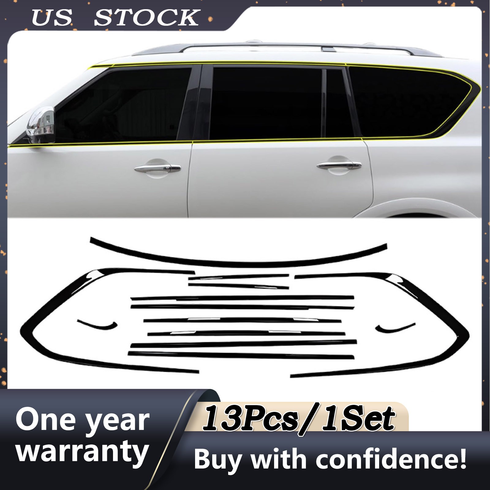 13PCS Window Molding Trim Frame Strips Gloss Black For Nissan Armada 2018-2024