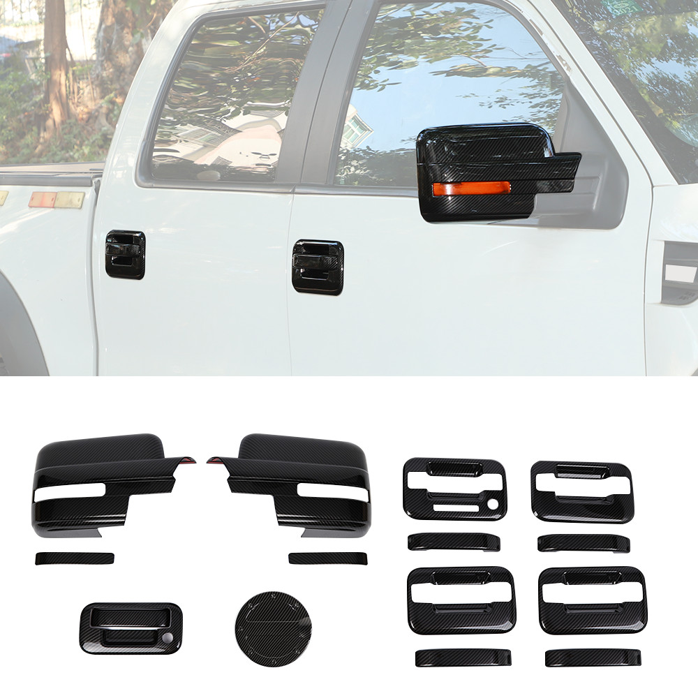 For 09-14 Ford F150 Carbon Fiber Mirror+4 Dr Handle+Fuel Cap+Tailgate Cover Trim