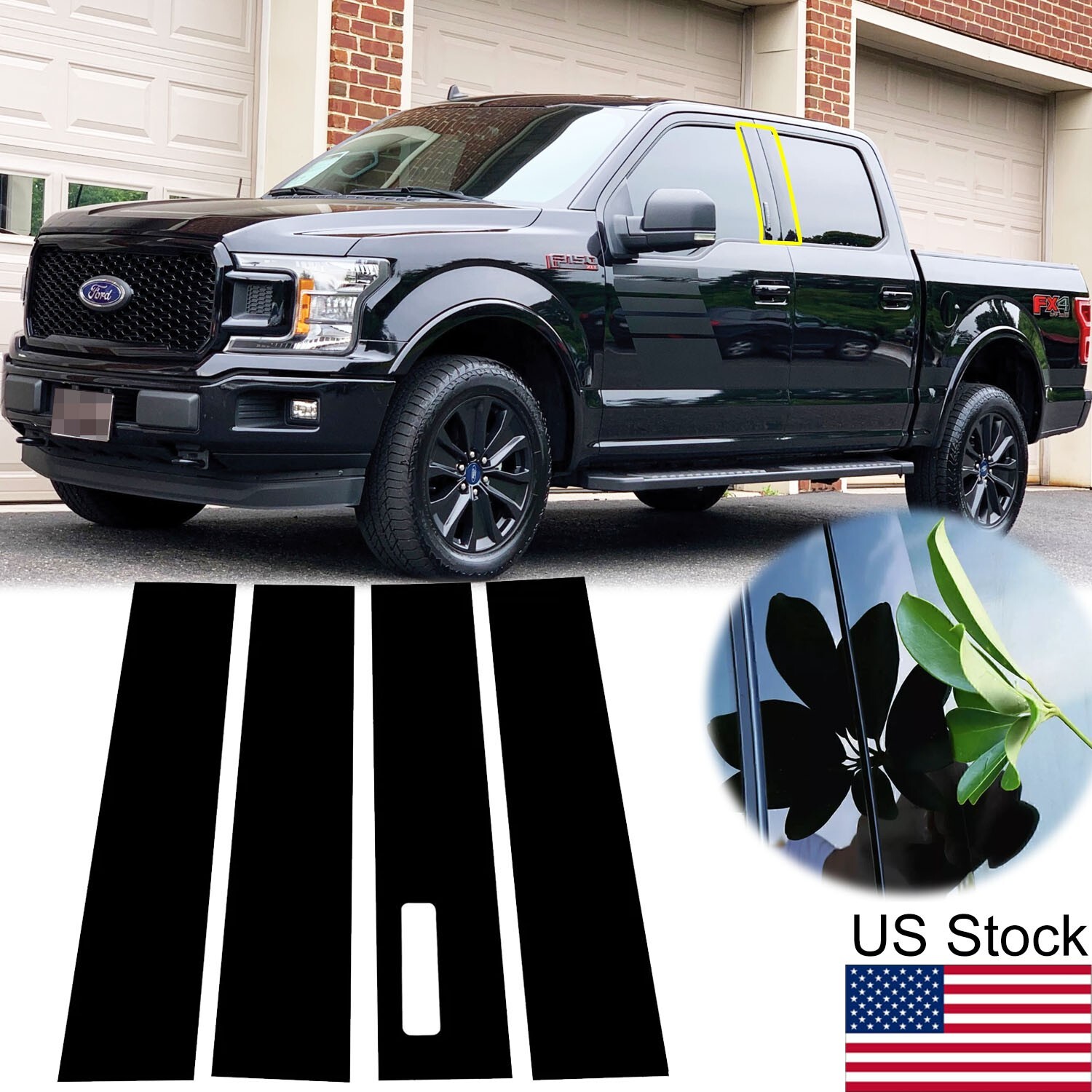 4Pcs Glossy Black Door Window Post Cover With Keypad For Ford F150 F-150 2015-21
