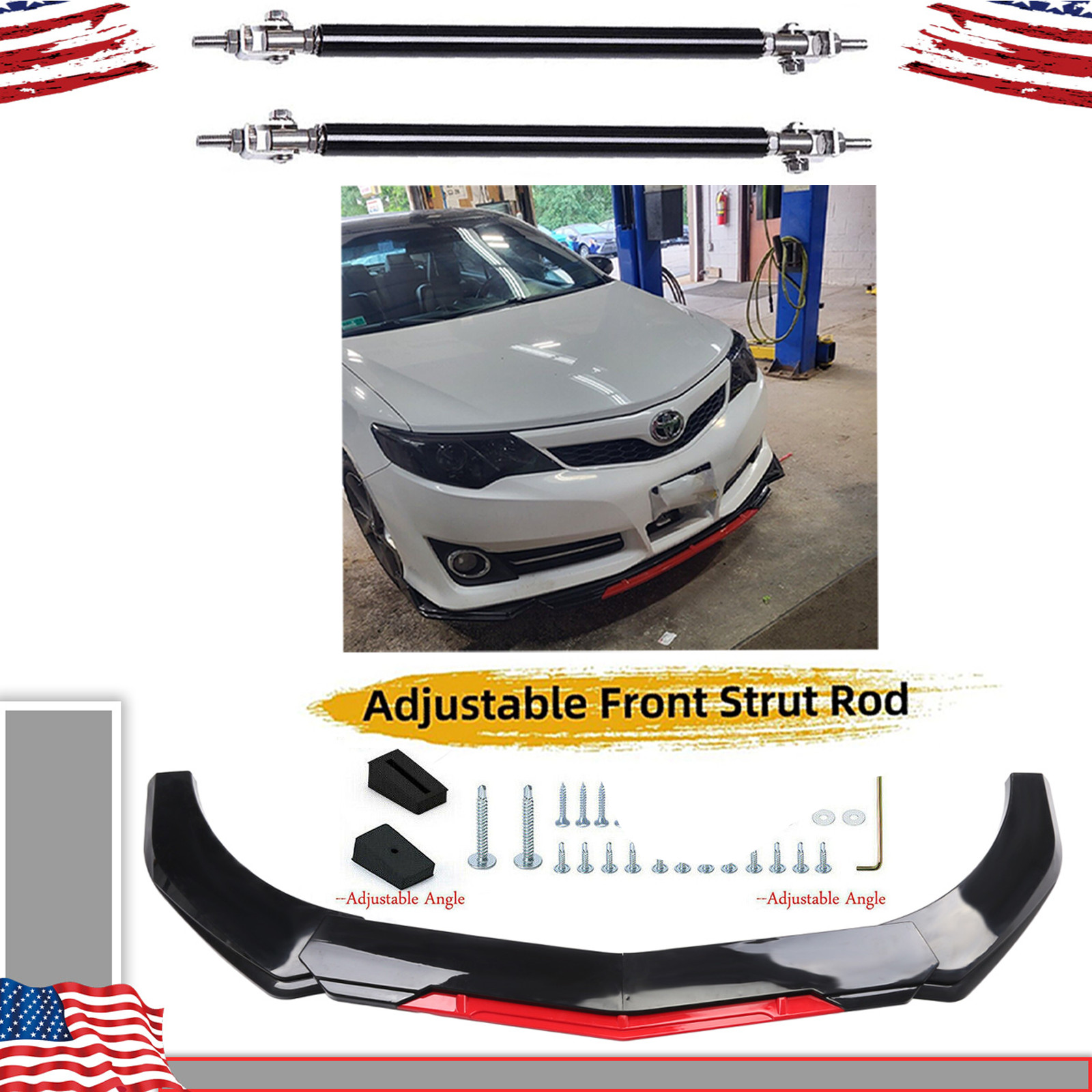 Front Bumper Lip Spoiler Splitter Body+Strut Rods Glossy Black Body Kits