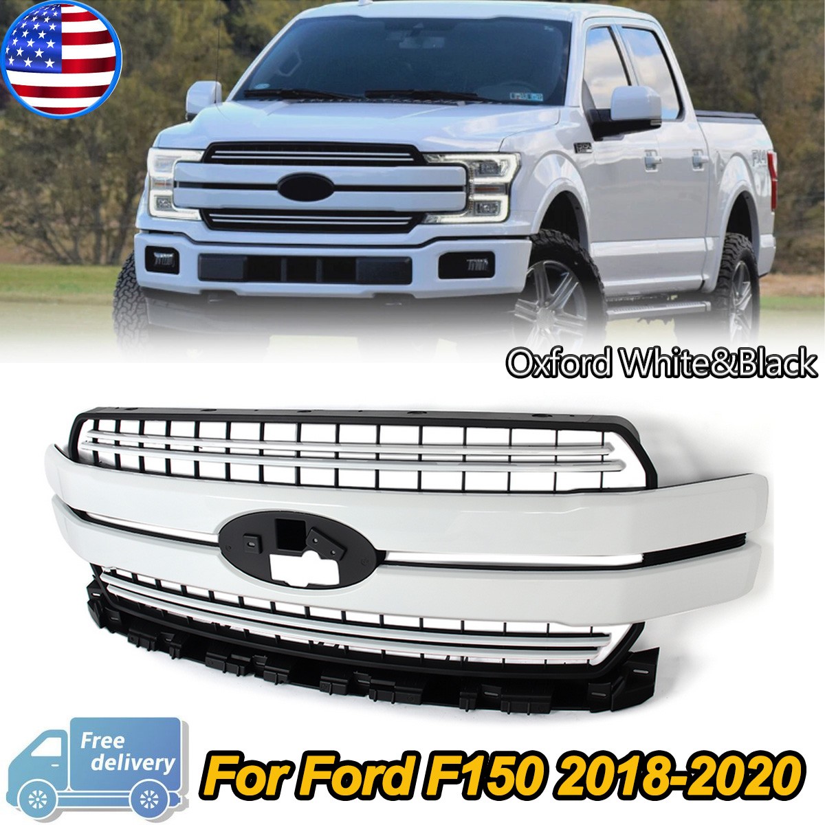 Oxford White+Black Front Upper Grille For 2018-2020 Ford F-150 F150 Lariat Style