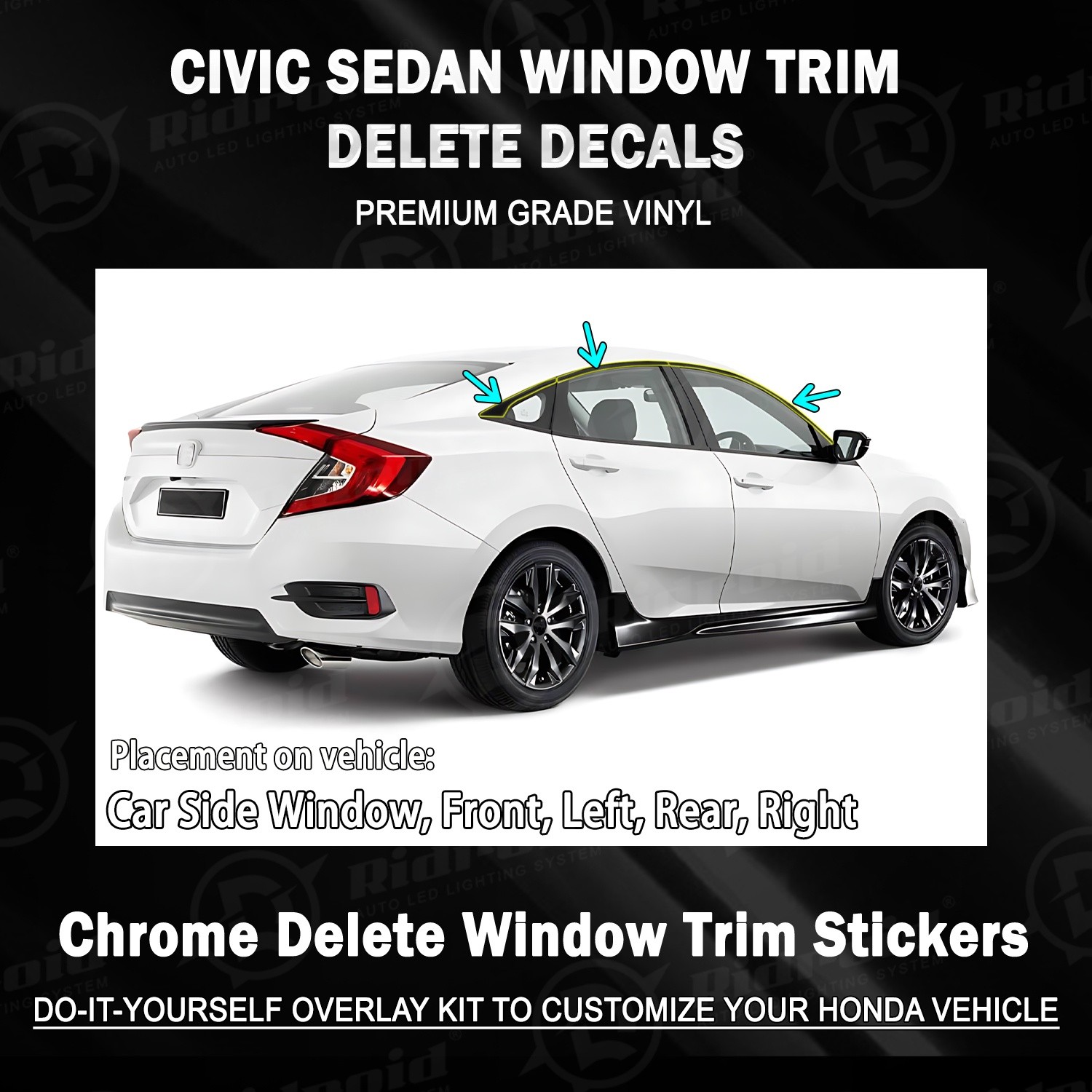 For 2016-2021 Honda Civic Sedan Chrome Delete Blackout Window Trim Glossy Black