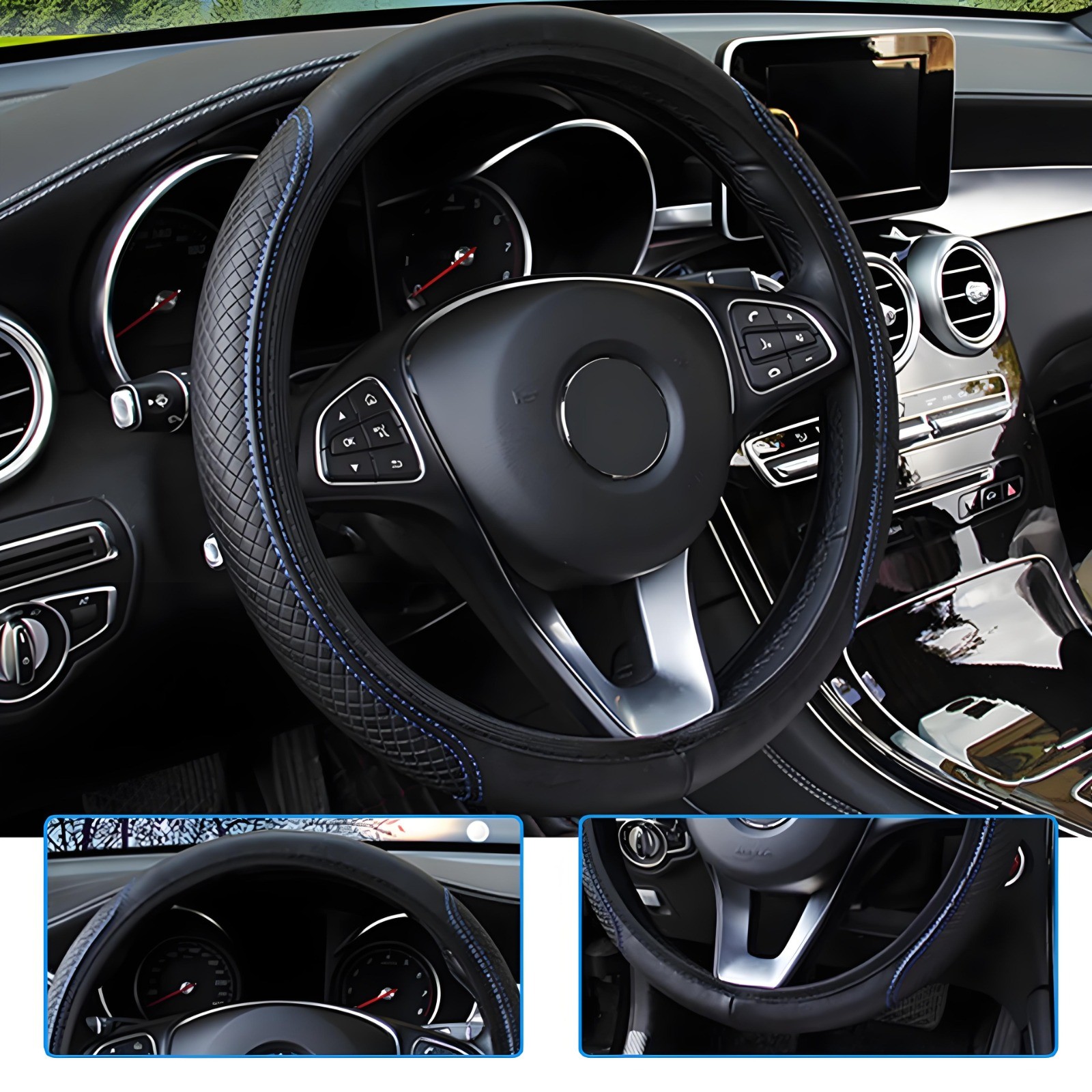 Blue Car Steering Wheel Cover Leather Good Grip Car Accessories For 15″/37-38CM