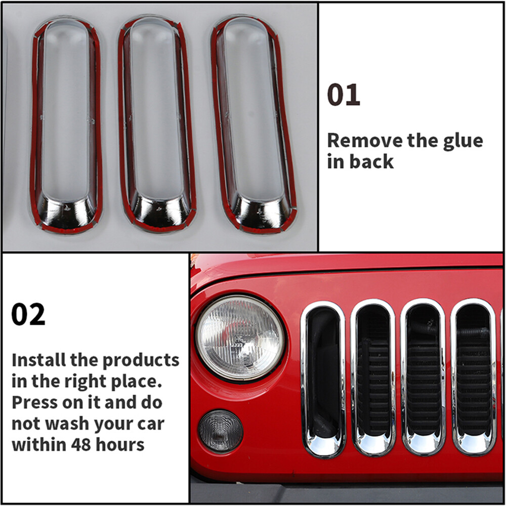 Front Grille Grill Cover Inserts Kit Trim for 2007-2017 Jeep Wrangler JK Chrome