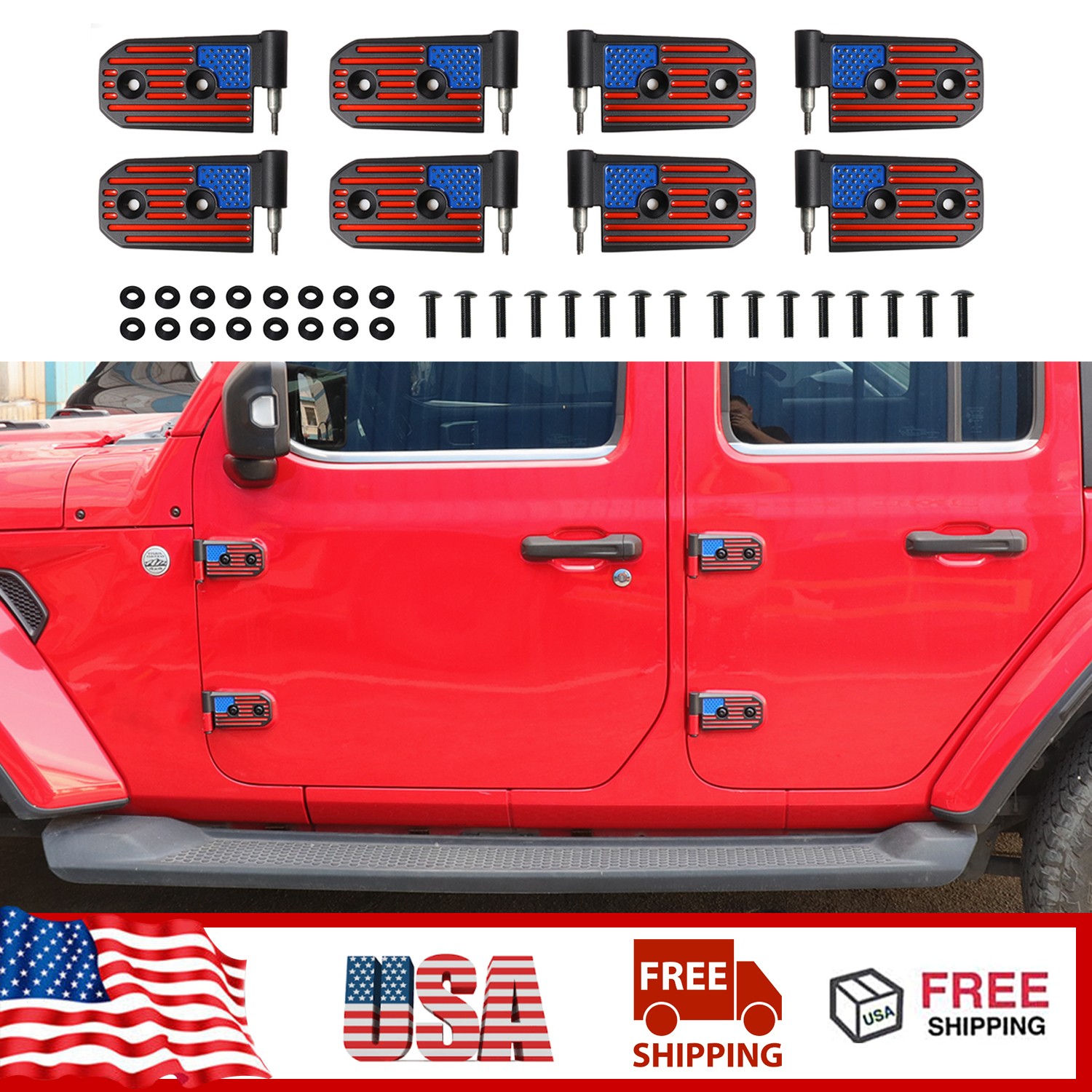 8PCS Aluminum Door Hinge Replacement Kit For Jeep Wrangler JL 2018+ 4Dr US Flag