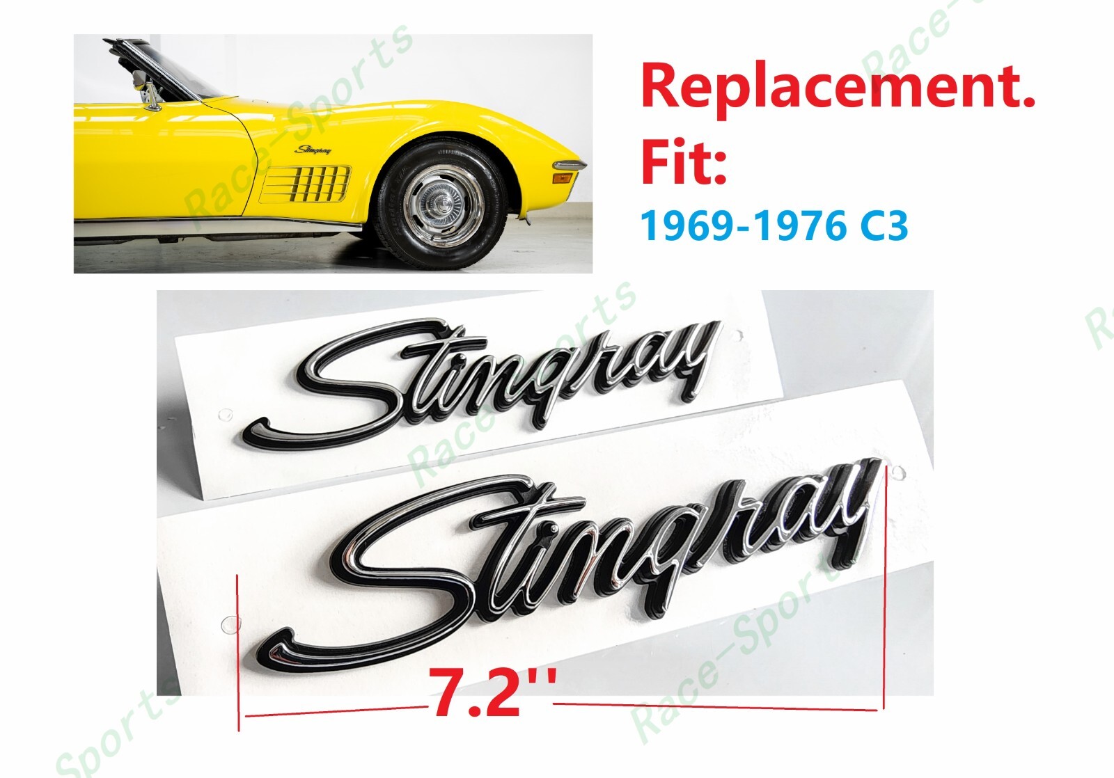 2PCS Silver Black Front Fender Stingray Emblems Badges For 1969-1976 Corvette C3