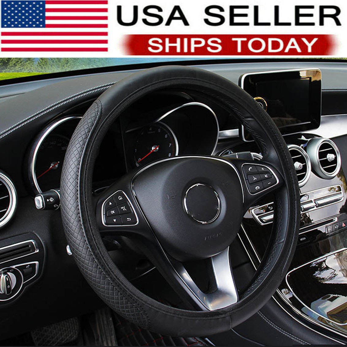 Car Accessories Steering Wheel Cover Black Leather Anti-slip 15″/38cm Universal