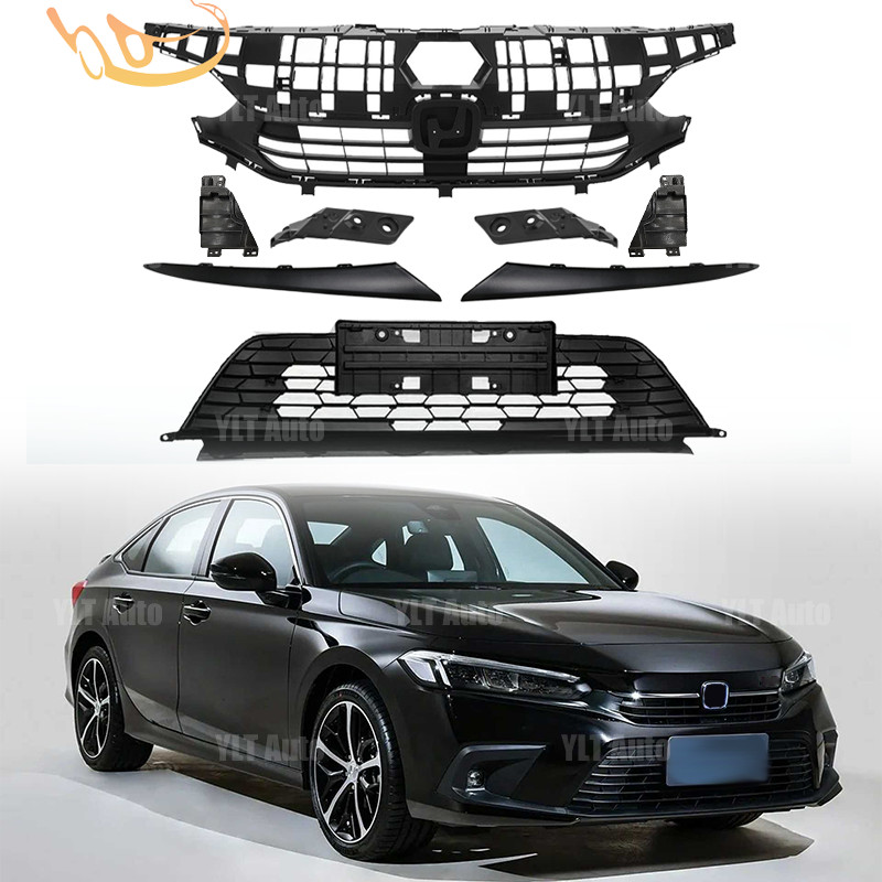 For 2022-2023 Honda Civic Front Bumper Upper & Lower Grille W/Eyelid Molding Set