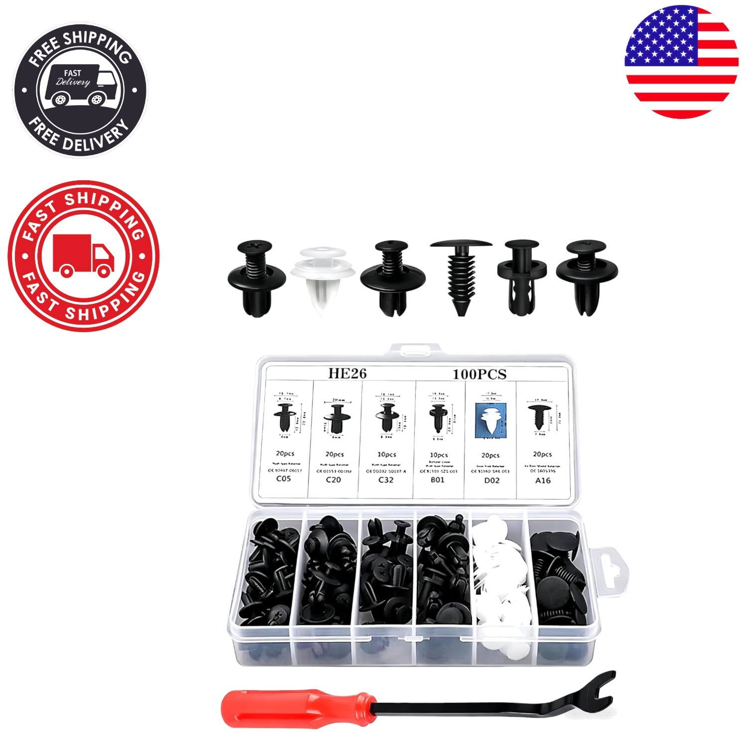 High-Quality 100 PCS ABS Push Fasteners for Cars, Trucks & SUVs – 6 Sizes