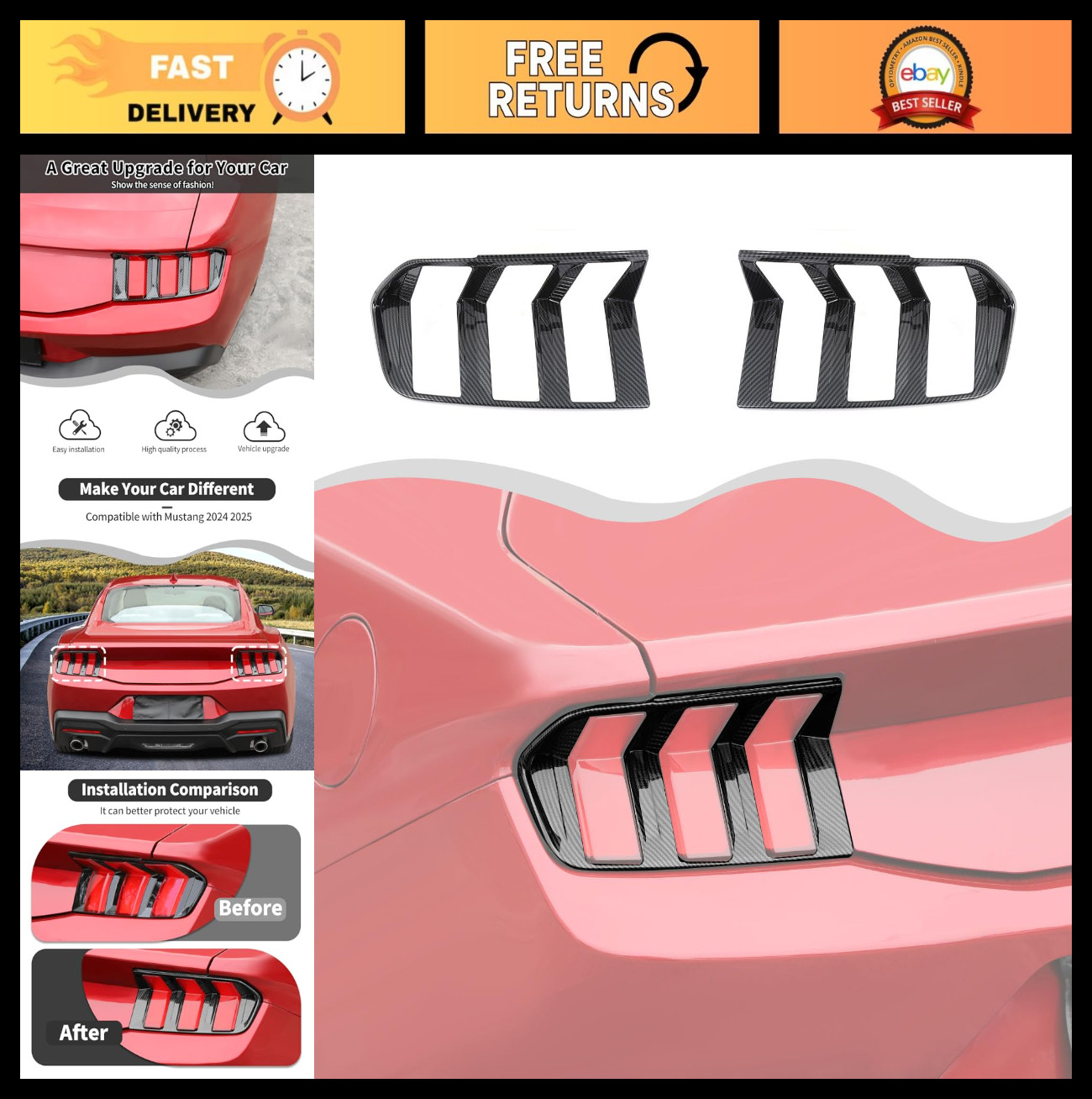 Carbon Fiber Rear Taillight Cover Bezel Guard Trim for 2024-2025 Mustang ABS