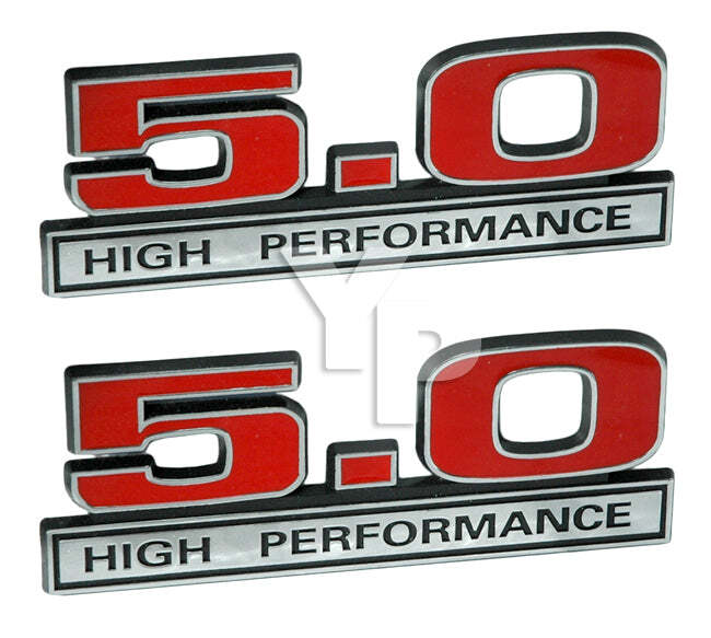5.0 Liter Engine High Performance Emblem Badge in Chrome & Red – 5″ Long Pair