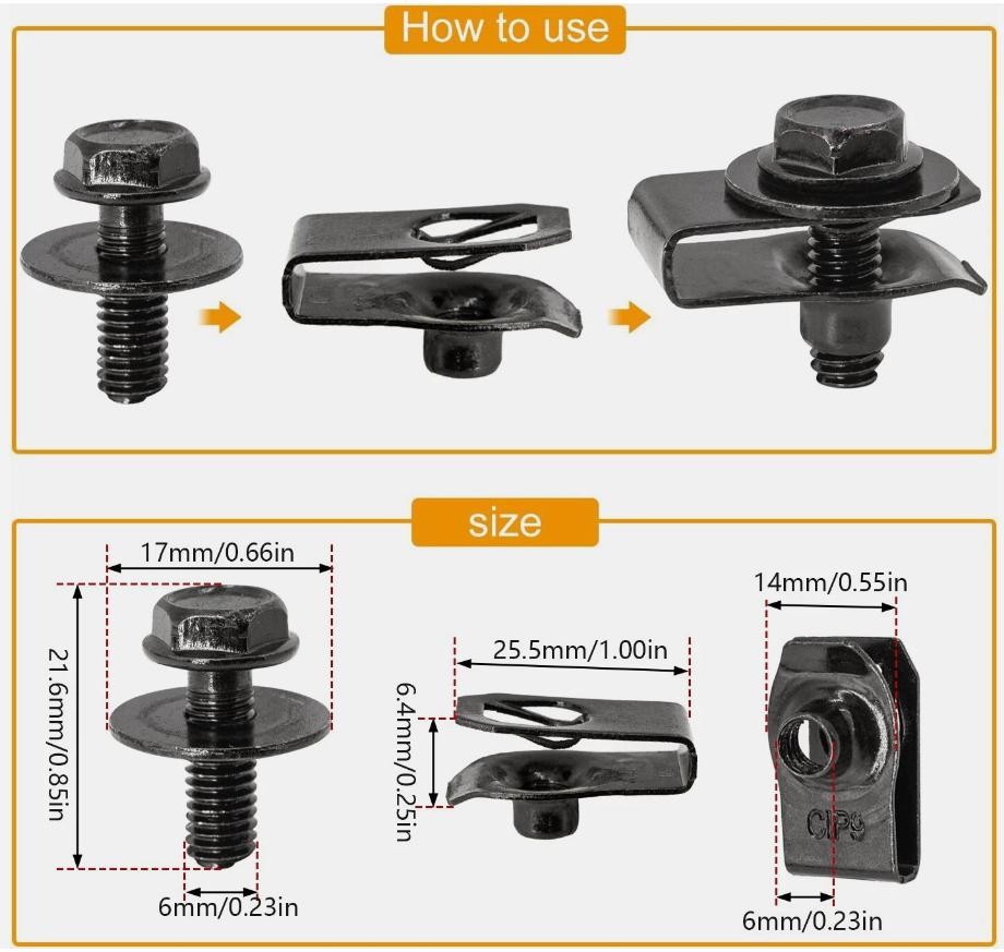 U-Clip Nuts & Bolts Set Clips Under Cover Splash Shield Guard for Car Mounting