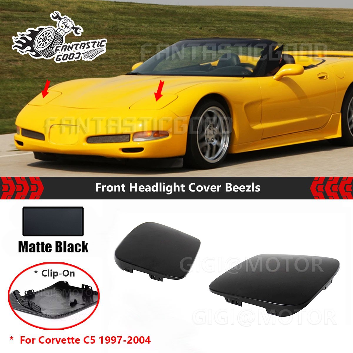 For Corvette C5 1997-2004 Matte Black Left & Right Front Headlight Cover Beezls