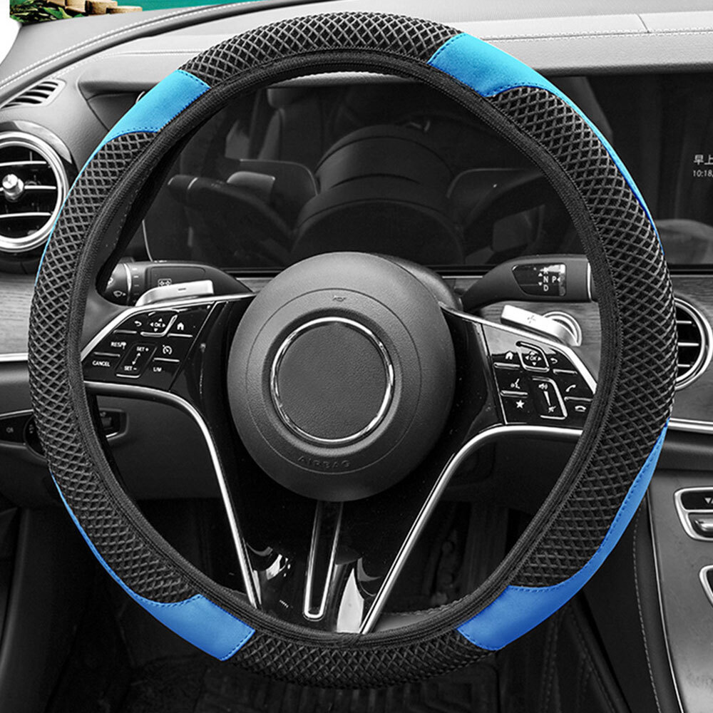 1X Accessories Car Steering Wheel Cover Blue Ice Silk Leather 38cm/15″ Universal