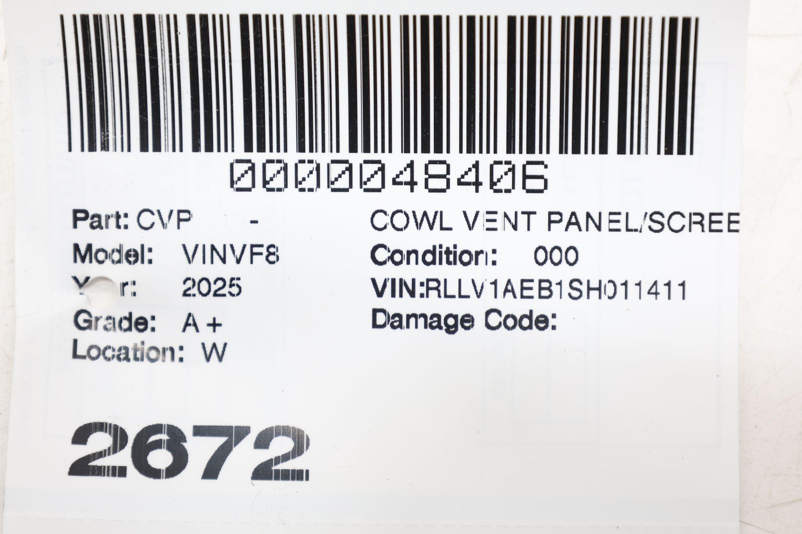 2023-2026 VINFAST VF 8 FRONT WINDSHIELD WIPER COWL GRILLE PANEL OEM BEX30013017