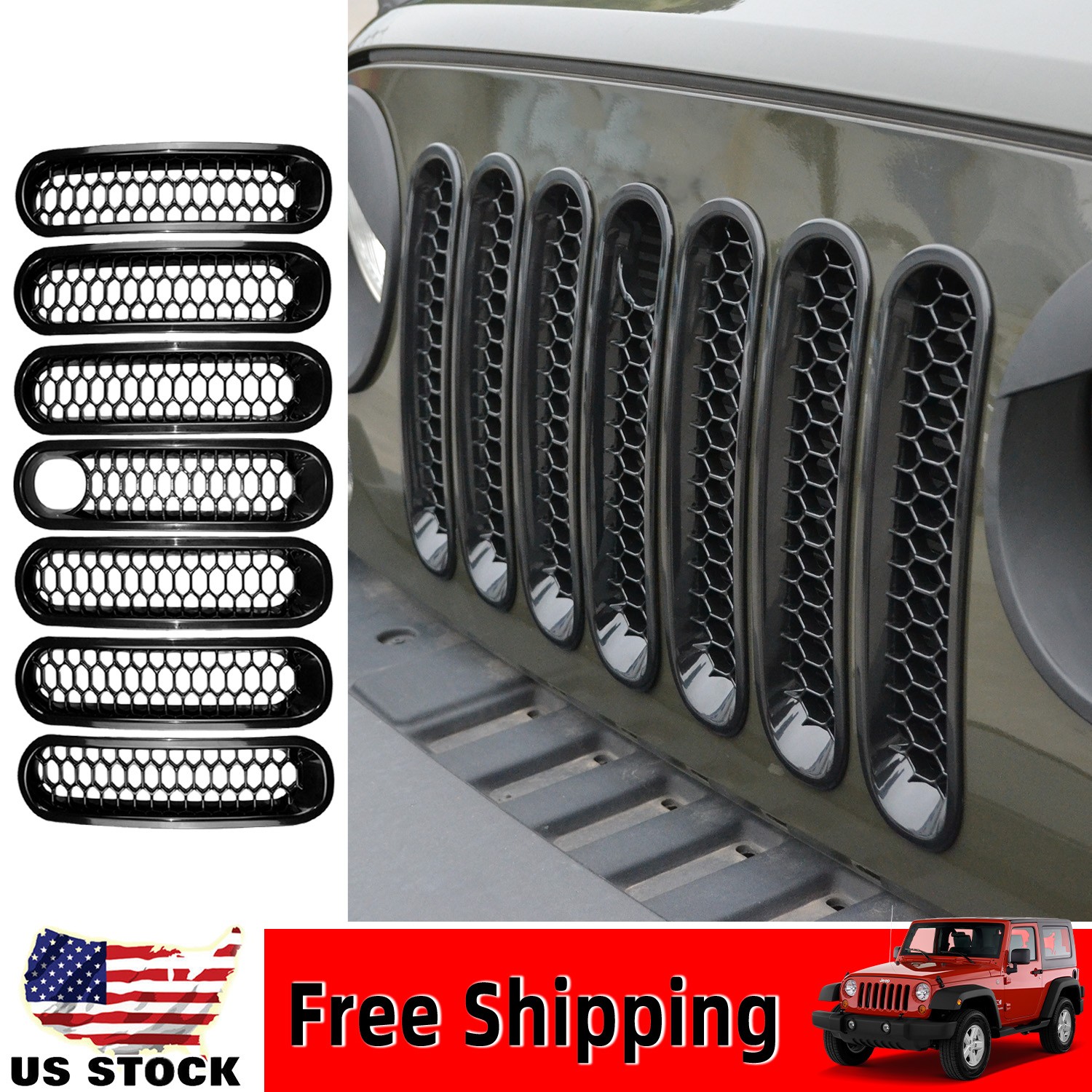 Honeycomb Front Insert Mesh Grille Trim Cover Kit For Jeep Wrangler JK 2007-2017