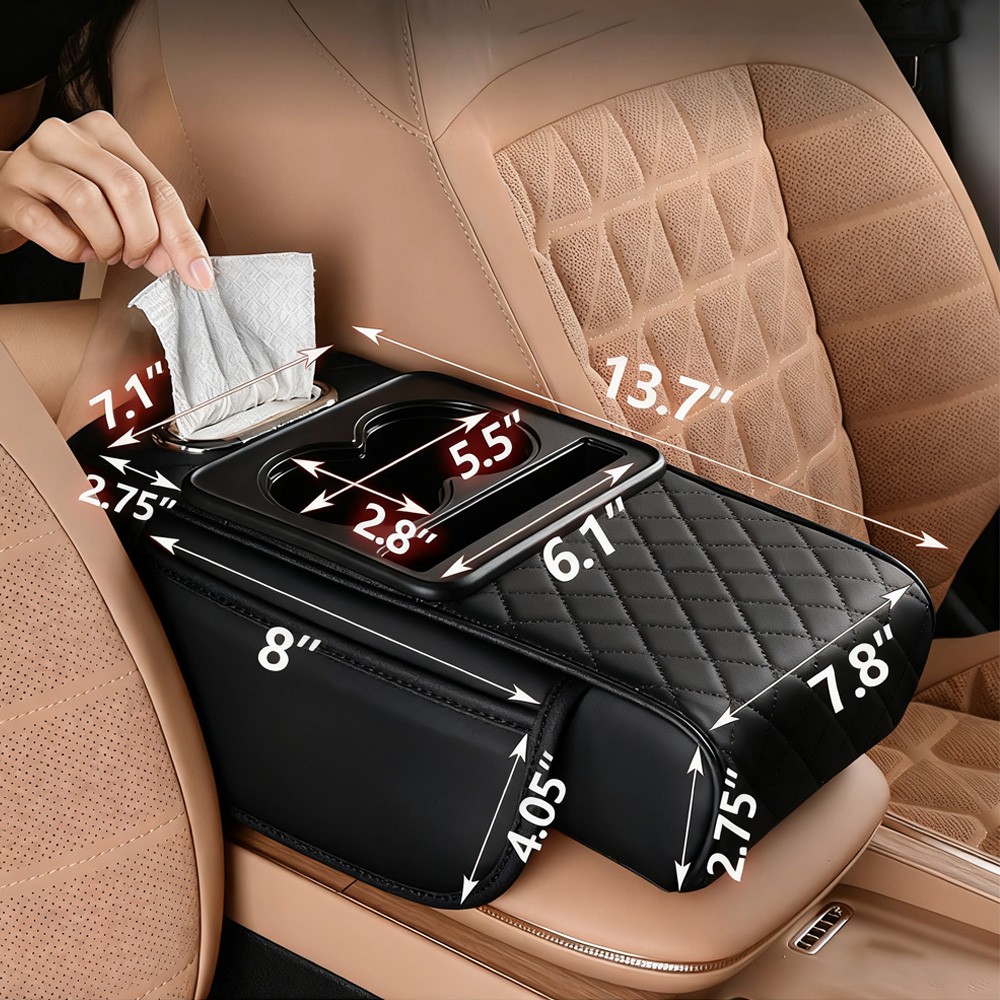 Car Armrest Cushion Center Console Cover with Cup Holder&Tissue Box&Phone Holder