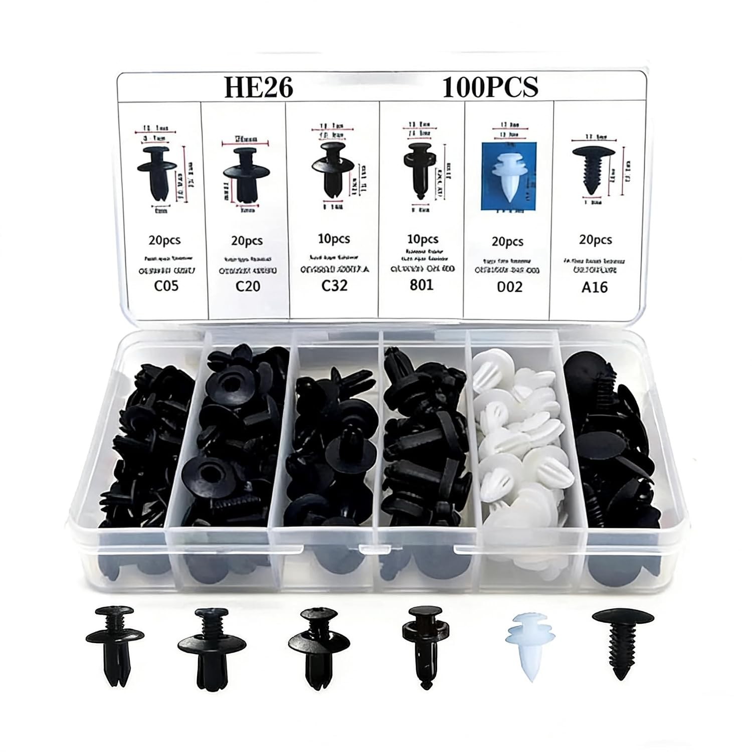 Car Plastic Rivet Clips Kit, 100Pcs, 6 Sizes | ABS Material, Bumper Push Reta…