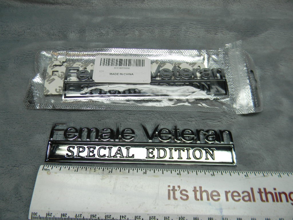 2PC STAINLESS STEEL “FEMALE VETERAN SPECIAL EDITION” TAILGATE/FENDER EMBLEMS-NEW