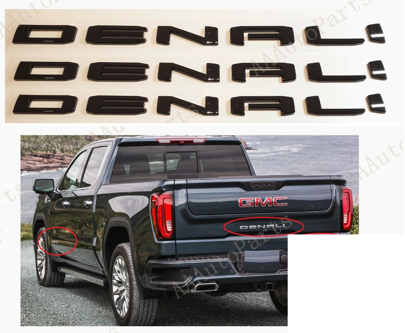 3PCS Set Gloss Black Door Rear DENALI Emblems Fit GMC Sierra 1500 2500hd Yukon