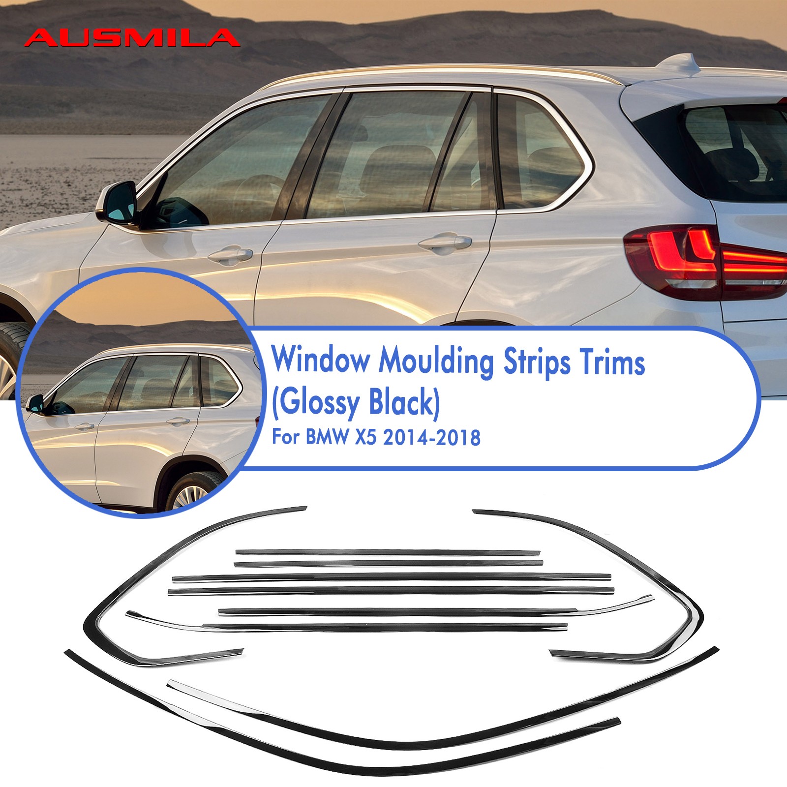 10x Glossy black Car Window Sill Molding Strip Cover Trim For BMW X5 2014-2018