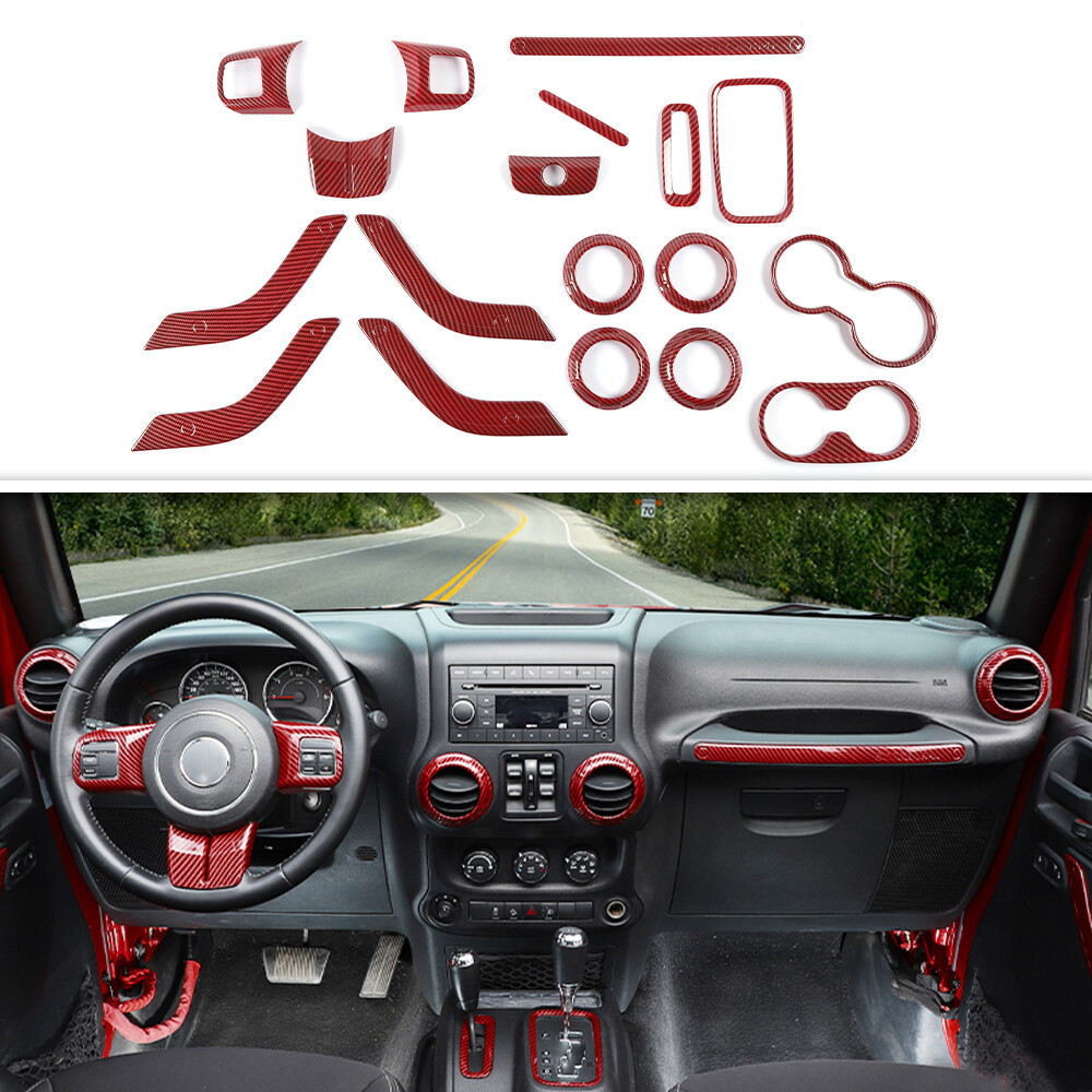 18pcs Full Set Interior Cover Trim For Jeep Wrangler JK 2011-17 Red Carbon Fiber