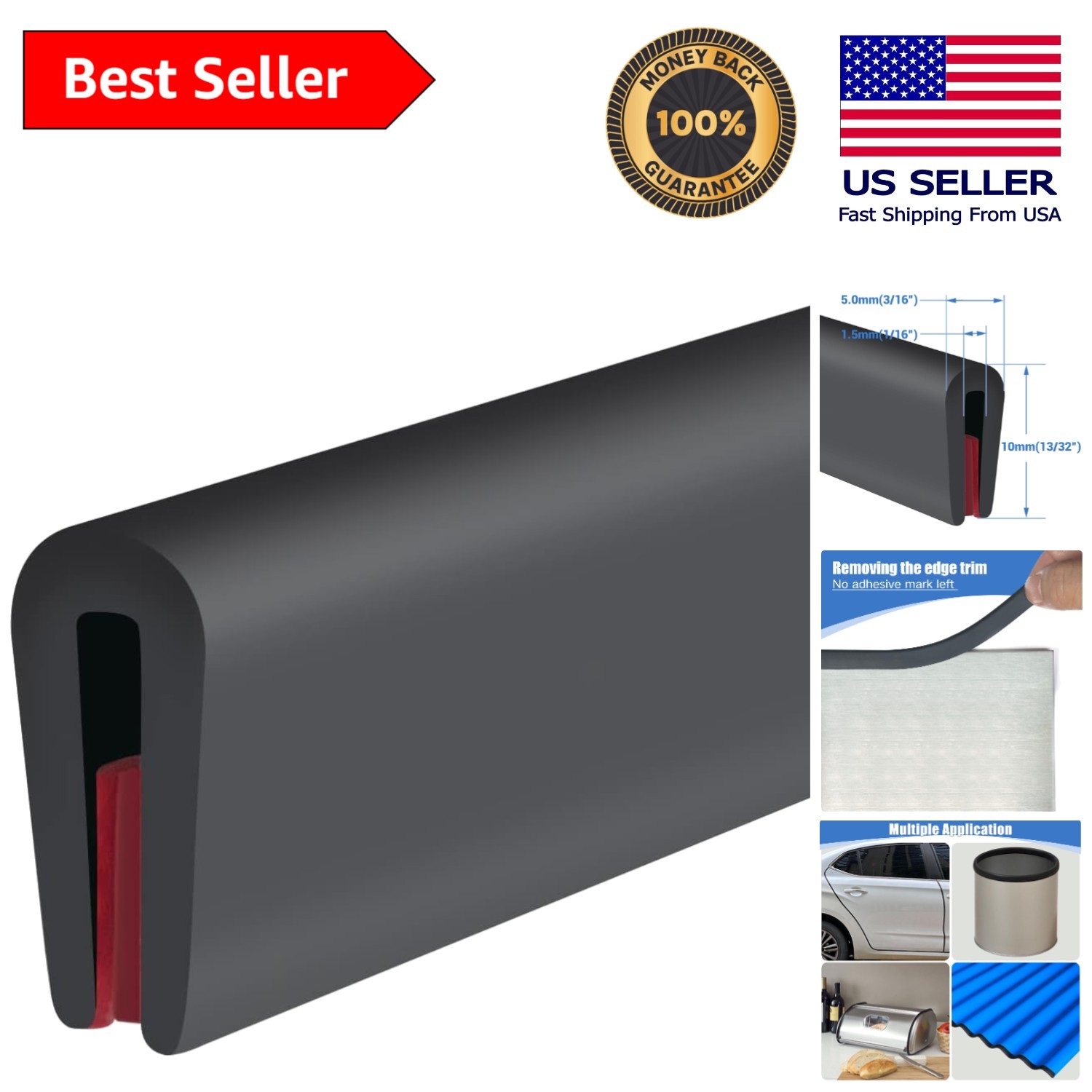 Flexible EPDM Rubber Edge Trim for Sheet Metal – 10Ft Self-Adhesive Protector