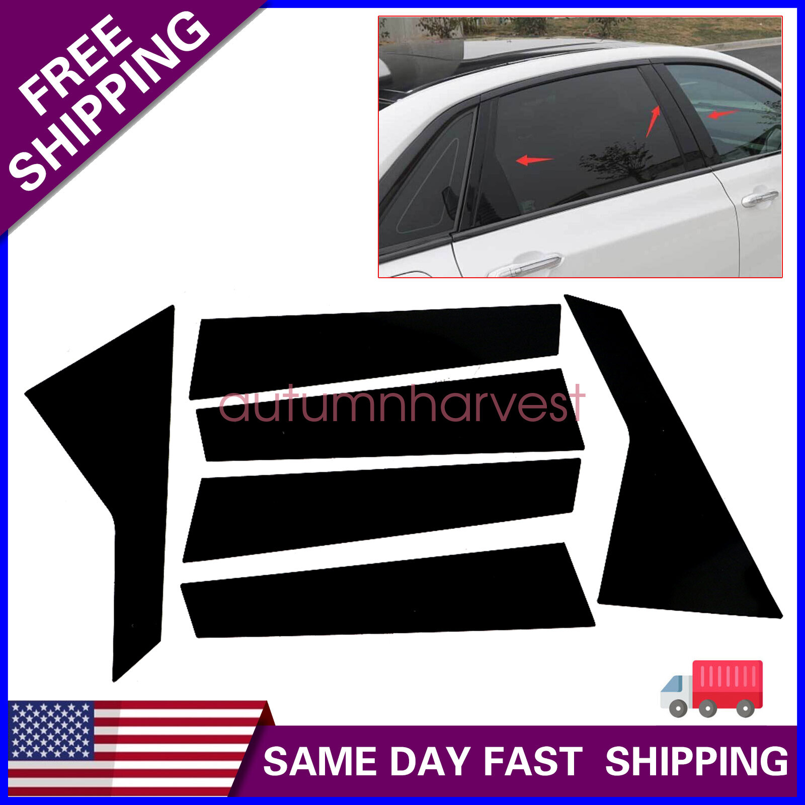 Fit Cadillac CT6 2016-2020 Glossy Black PC Window BC Pillar Post Cover Trim 6pcs